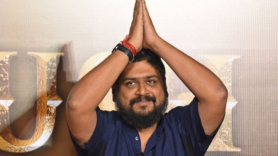 Indian film writer and director Om Raut (C) gestures during the trailer launch of his upcoming mythological movie 'Adipurush' in Mumbai on May 9, 2023.
