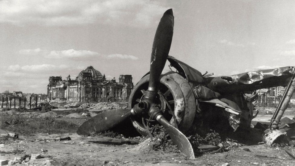 A plane shot down near the Reichstag in Berlin 1945