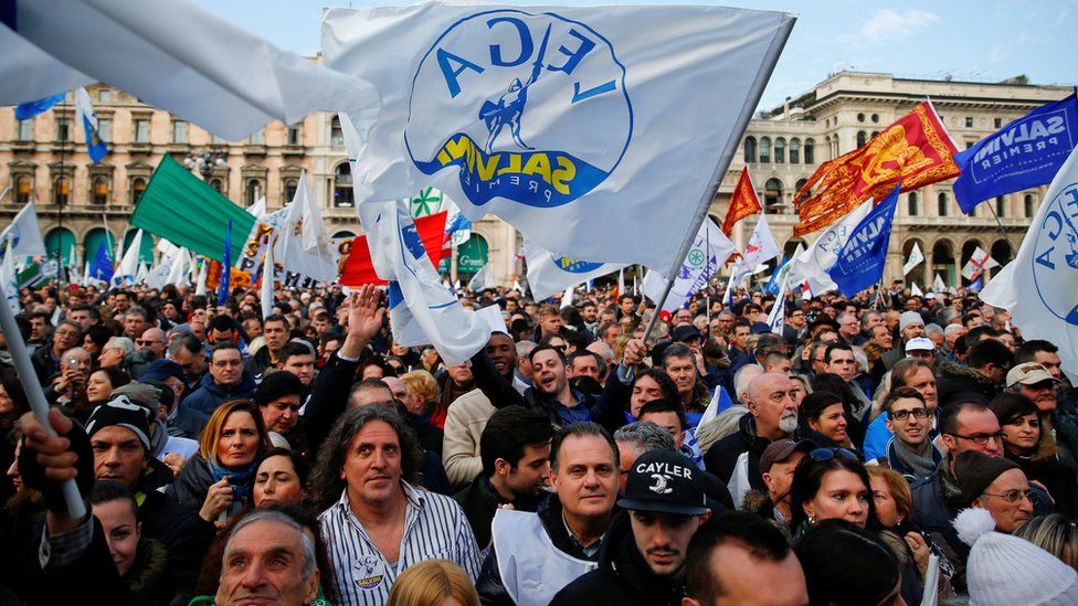 Supporters of Italy's The League party attend a political rally led by leader Matteo Salvini in Milan, Italy, 24 February 2018