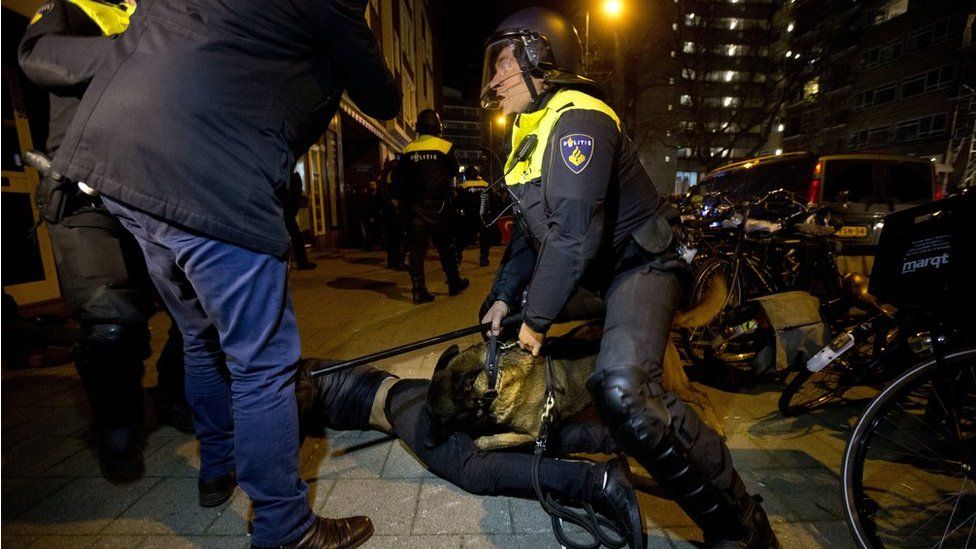 A police dog bites a demonstrator after riots break out at the Turkish consulate in Rotterdam, Netherlands, 12 March