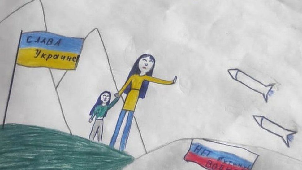 A drawing by 12-year-old Masha appears to show a Ukrainian woman with a child holding up a hand to say no as Russian missiles approach