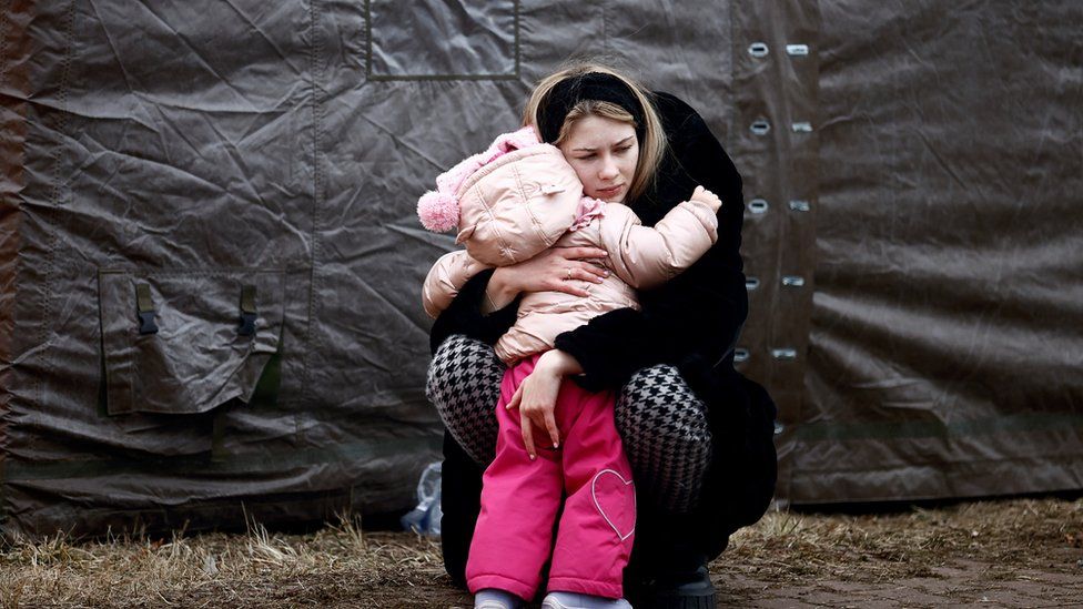 Ukrainian woman at refugee camp in Poland.