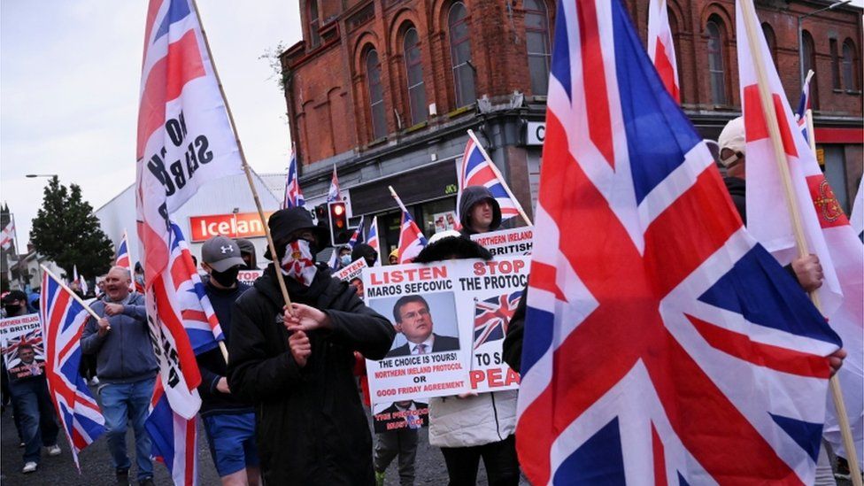 A street protest in Belfast against the NI Protocol