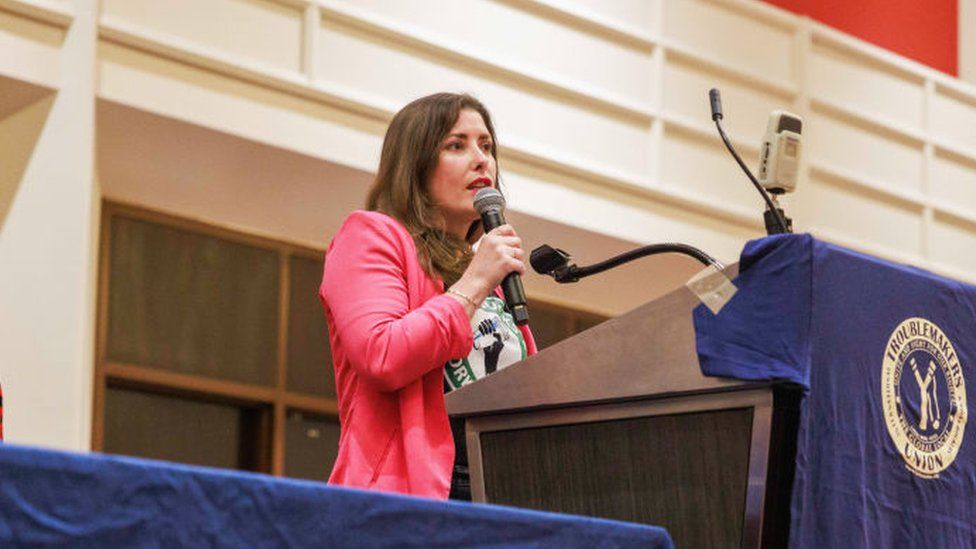 Labor leader Michelle Eisen, of Starbucks, workers United union, speaks during the Labor Notes conference, in Chicago.