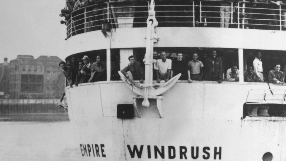 The ex-troopship "Empire Windrush" arriving at Tilbury Docks from Jamaica, with 482 Jamaicans on board, emigrating to Britain
