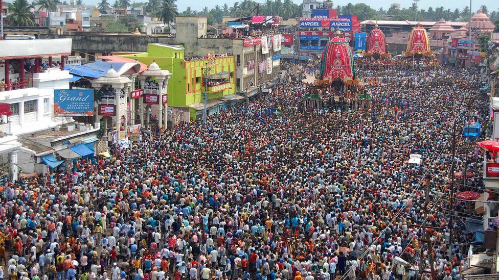 Devotees pull the chariots of Lord Jagannath, his brother Balabhadra and sister Devi Subhadra in front of the Lord Jagannath temple during the celebration of the �Rath Yatra� at Puri,