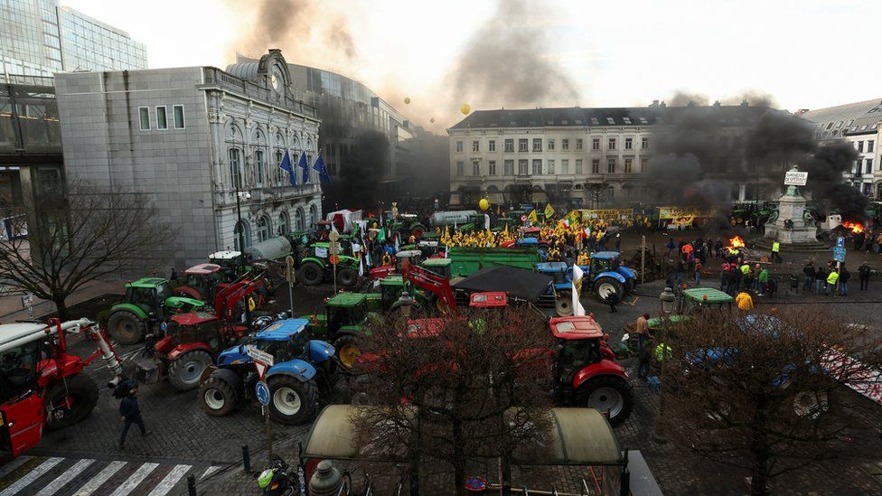 Tractors parked outside the European Parliament