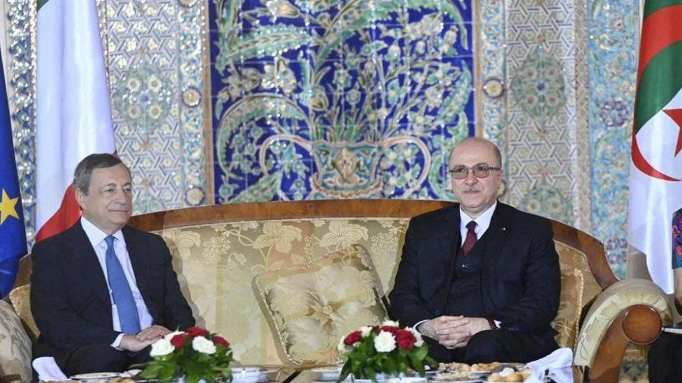 Italian Prime Minister Mario Draghi poses for a picture with Algerian President Abdelmadjid Tebboune, in Algiers, Algeria, July 18, 2022