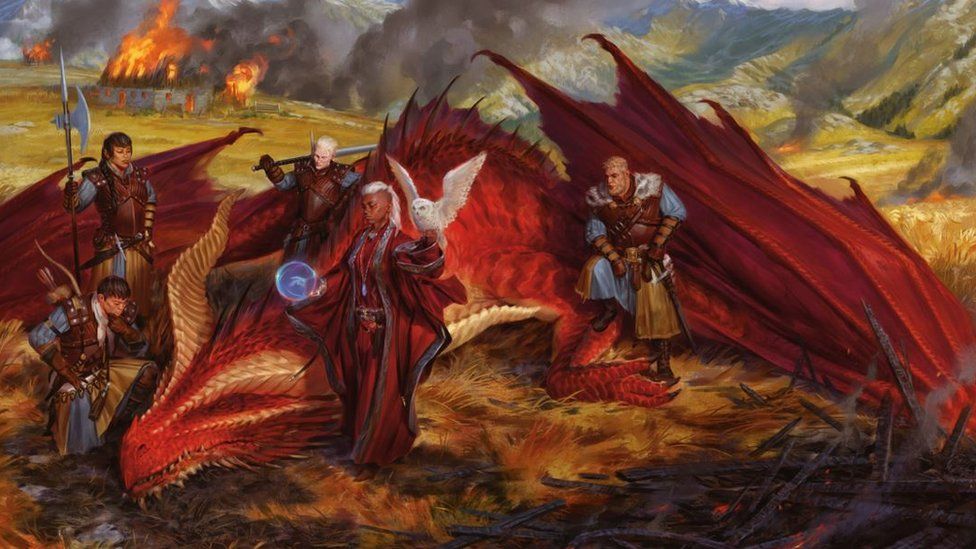 Artwork showing a fantasy world where five characters in robes are posing with a red dragon, in front of a village with flames coming from the houses