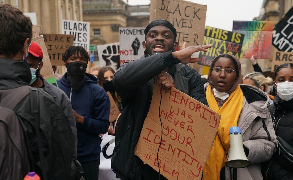 Demonstrators at a Black Lives Matter protest by Grey's Monument in Newcastle
