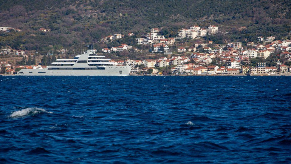 The superyacht, Solaris, owned by Roman Abramovich, arrives in the waters of Porto Montenegro