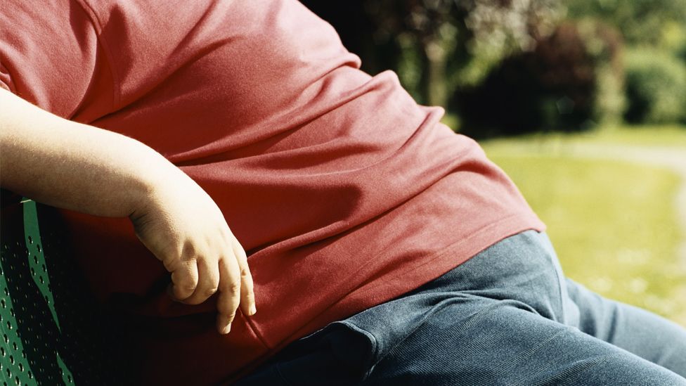 An overweight man sits on a bench