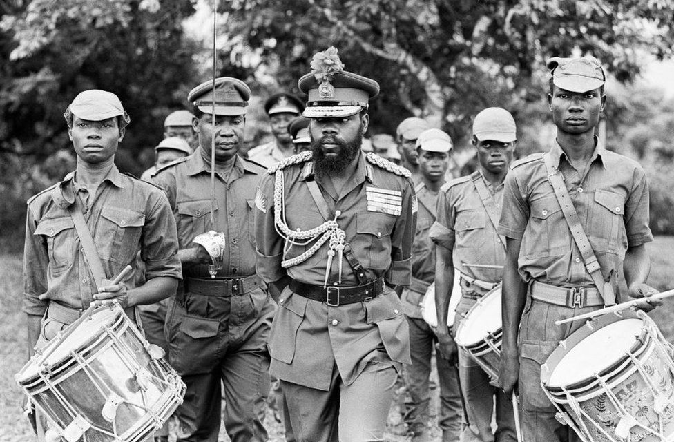Colonel Odumegwu Ojukwu, the Military Governor of Biafra in Nigeria inspecting some of his troops, 11th June 1968.
