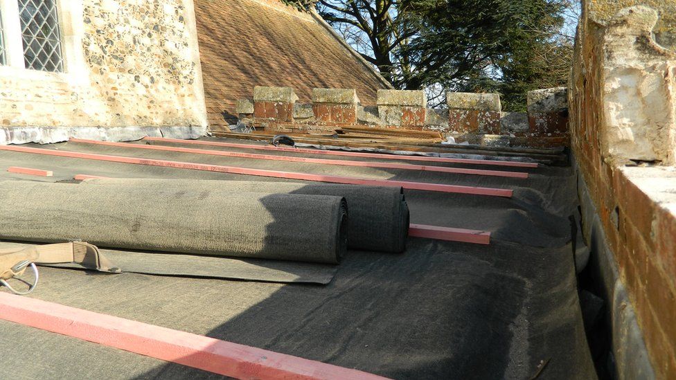 Roofing felt being laid at Elmswell church