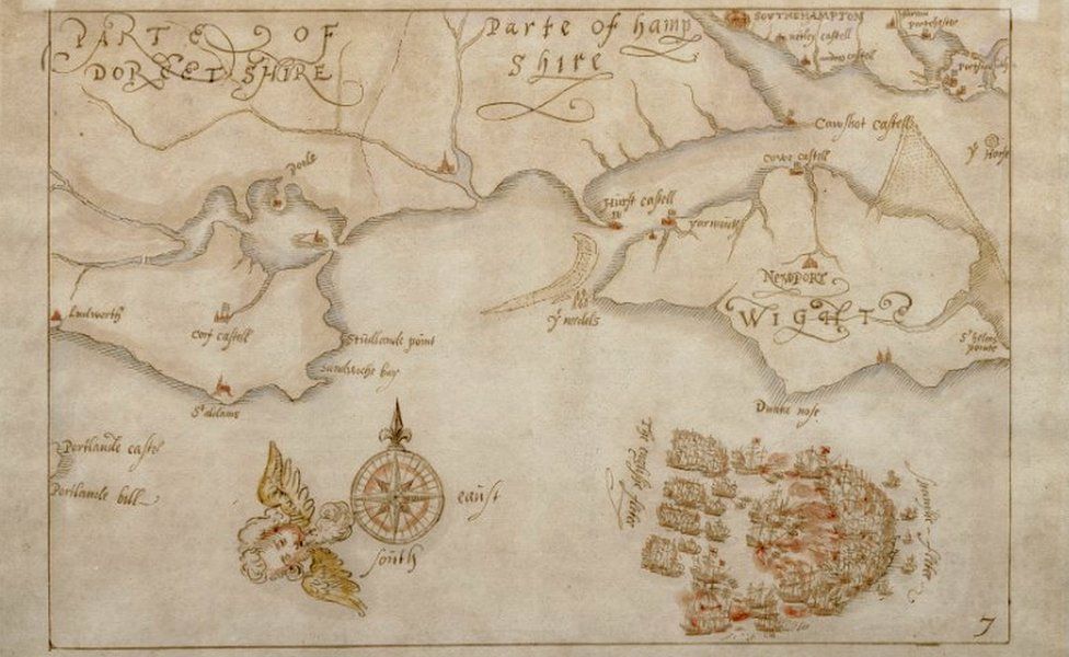 Hand-drawn map of the Spanish Armada and the south coast of England