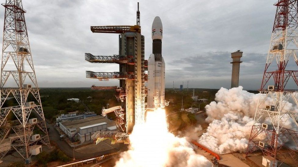 A handout photo made available by the Indian Space Research Organisation (ISRO) shows ISRO orbiter vehicle "Chandrayaan-2", India"s first moon lander and rover mission planned and developed by the ISRO GSLV MKIII-M1, blasting off from a launch pad at Satish Dhawan Space Centre in Sriharikota, in the Southern Indian state of Tamil Nadu, India, 22 July 2019