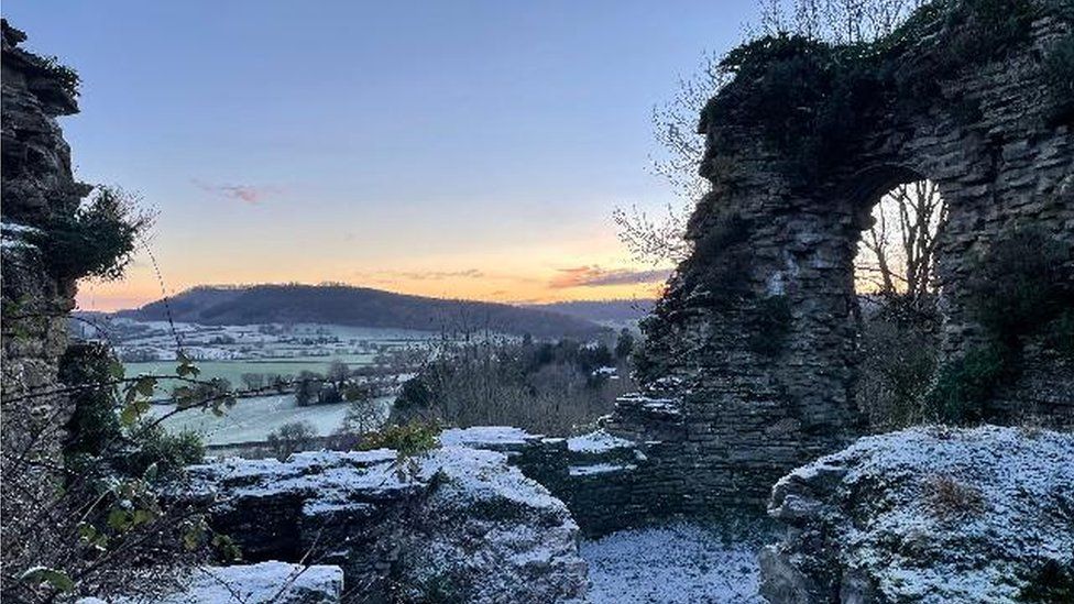 Ruins of Wigmore Castle in the snow