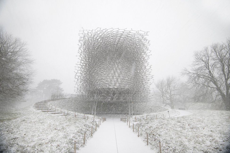 A snowy landscape with a honeycomb-style metal building