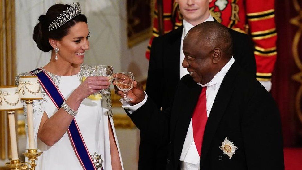 The Princess of Wales and President Cyril Ramaphosa of South Africa, take part in a toast at the State Banquet held at Buckingham Palace