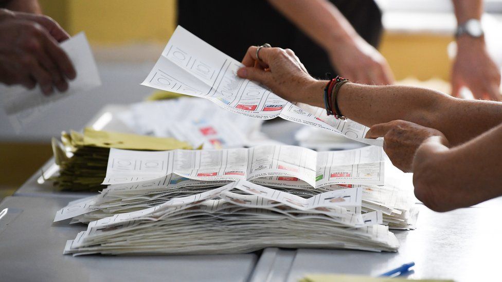 Close-up of paper ballots as votes are counted in the Turkish election on June 24, 2018 in Istanbul, Turkey.