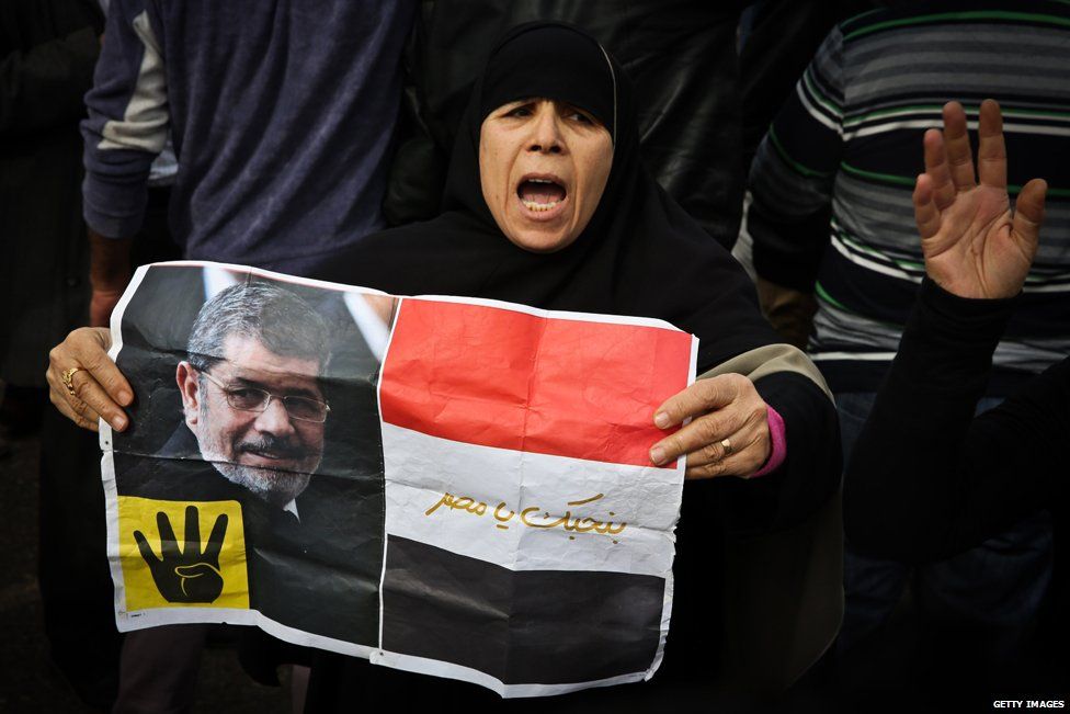 A supporter of the Muslim Brotherhood holds a placard showing ousted president Mohamed Morsi , January 2015