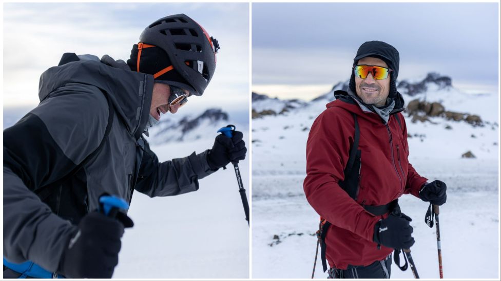 Side profile of Ed Jackson skiing and Niall McCann smiling in a red jacket on a mountain