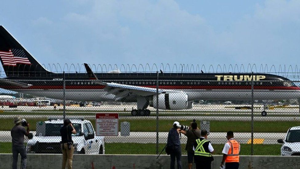 Trump Force One, with former US President Donald Trump on board, lands in Miami, Florida, on 12 June 2023