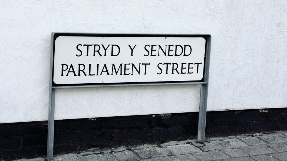 A sign reading Stryd y Senedd... Parliament Street