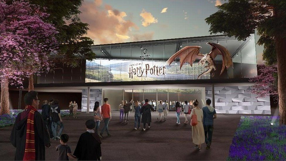 An artists' impression of new Harry Potter-themed tourist attraction is to be built in Japan for 2023.