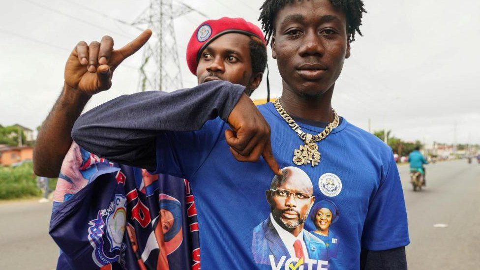 Supporters of the leader of Liberia's ruling party Coalition for Democratic Change (CDC), President and former soccer player George Weah, react as they arrive to his final campaign rally for the presidential elections in Monrovia, Liberia October 8, 2023.
