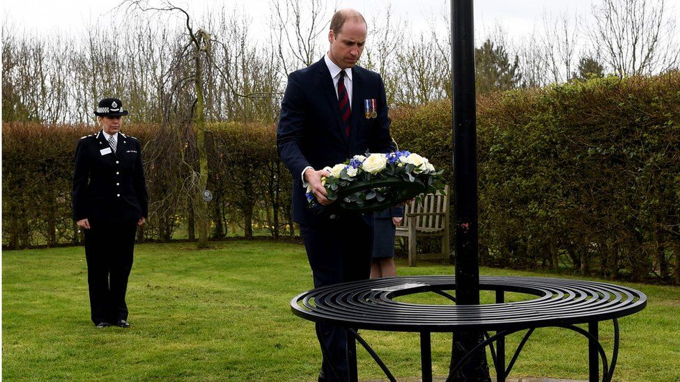 Prince William lays a wreath at the Police memorial,