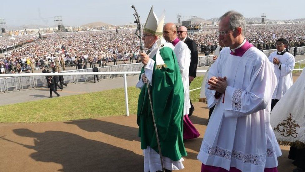 Pope Francis arrives to lead the Holy mass at Las Palmas Air Base , Lima, Peru, 21 January 2018.