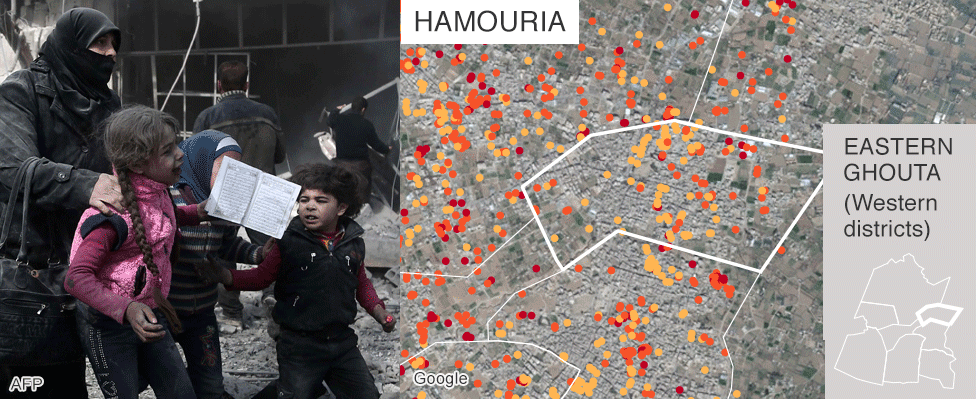 Map showing damage in Hamouria, Eastern Ghouta