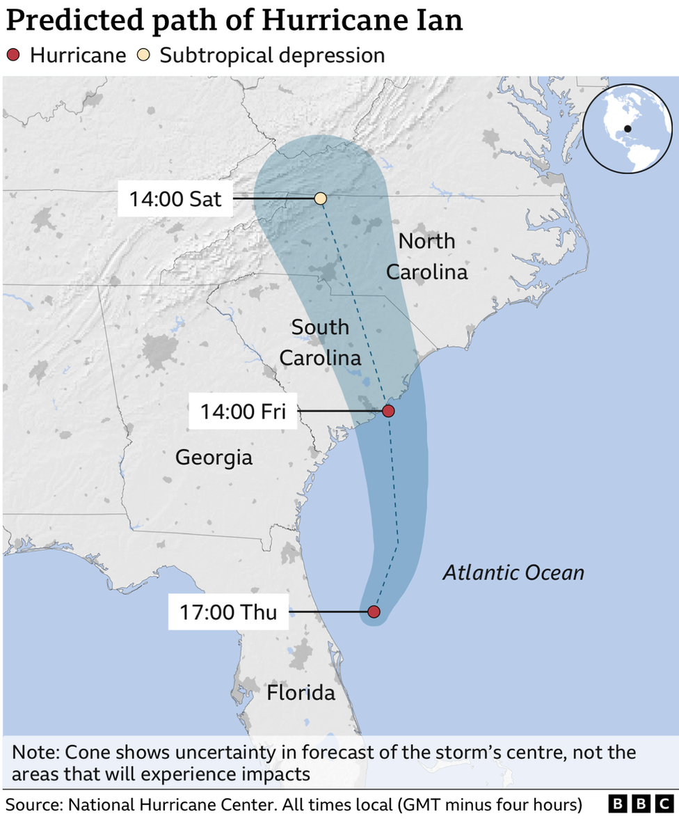 Карта, показывающая прогнозируемый путь урагана Ян