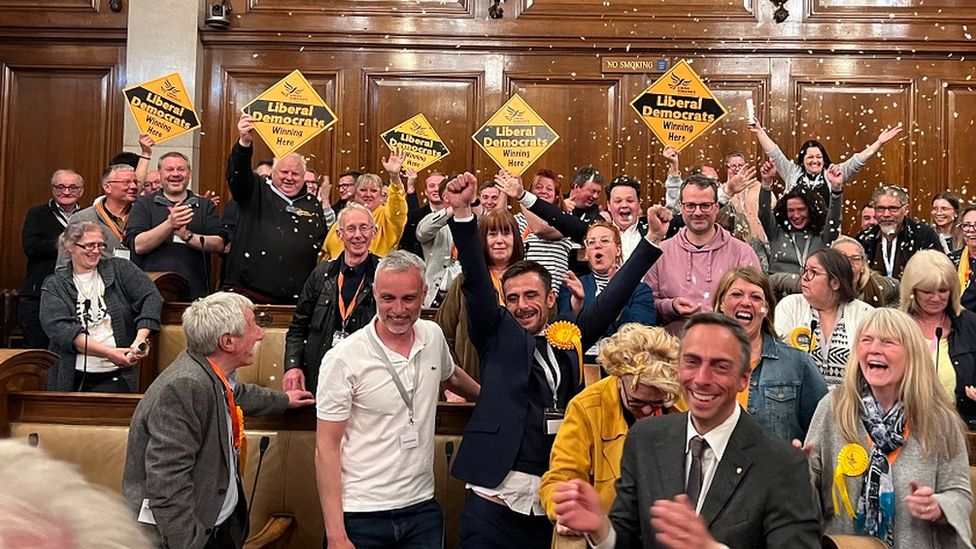 Lib Dem activists celebrate holding the city council in Hull