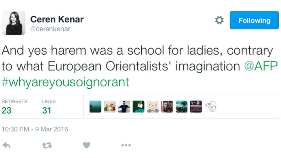Tweet from @cerenkenar reading "And yes harem was a school for ladies, contrary to what European Orientalists' imagination"