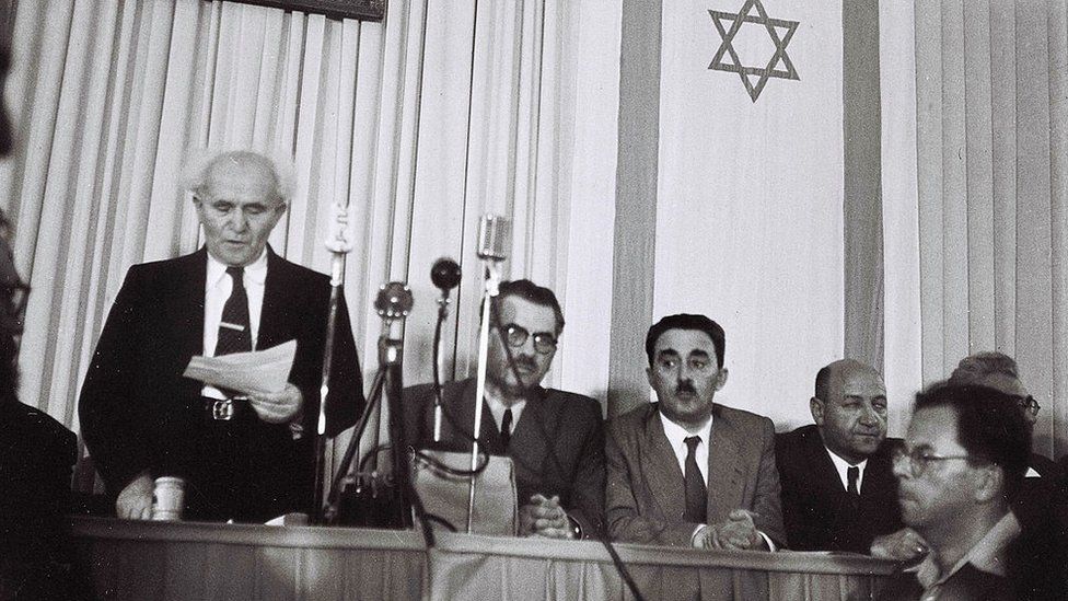 David Ben Gurion reads Israel's reads declaration of independence on 14 May 1948