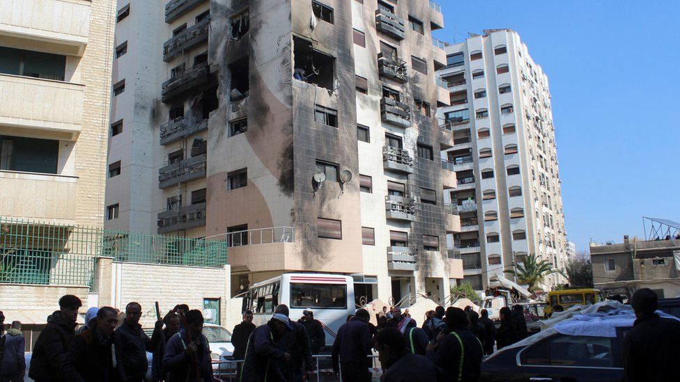 Damaged residential building in Kafr Sousa, Damascus, after what Syrian authorities said was an Israeli missile strike (21 February 2024)