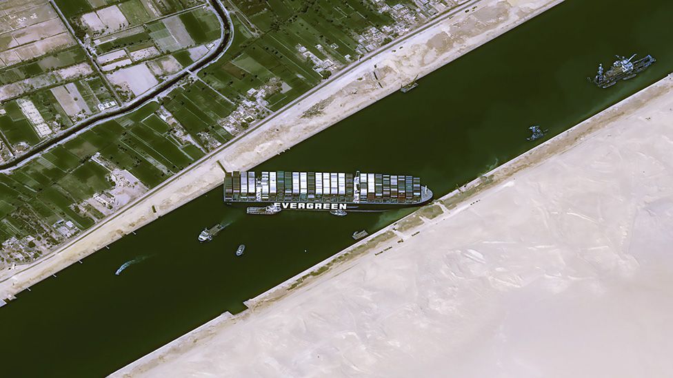 Satellite image shows the position of the Ever Given straddling the Suez Canal