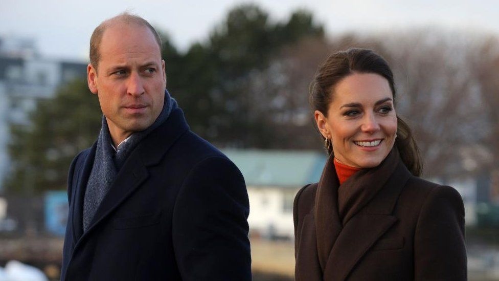 Britain's William, Prince of Wales (L) and Catherine, Princess of Wales (R) visit the Harbour Defenses of Boston