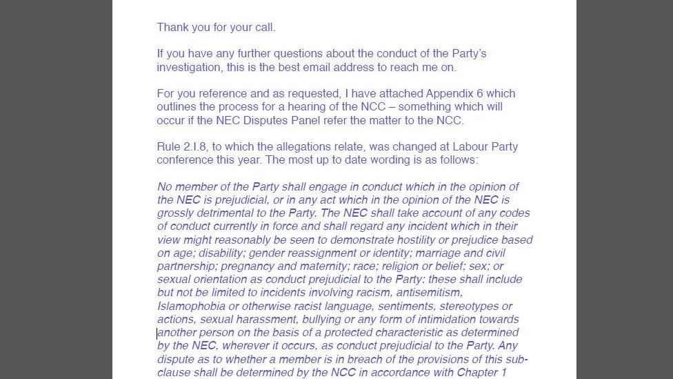 Email from Labour party to solicitor