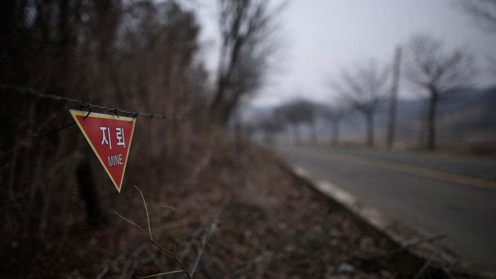 Landmines warning in woodland near the Demilitarized Zone (DMZ) in Yeoncheon, north of Seoul