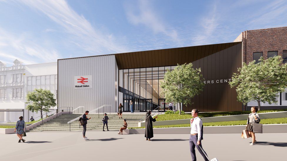 CGI of entrance to railway station and Saddlers Centre