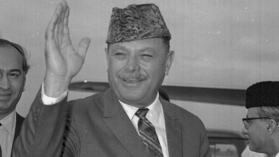 File photo: Ayub Khan, President of Pakistan, waving as he arrives at London Airport, 2 August 1964