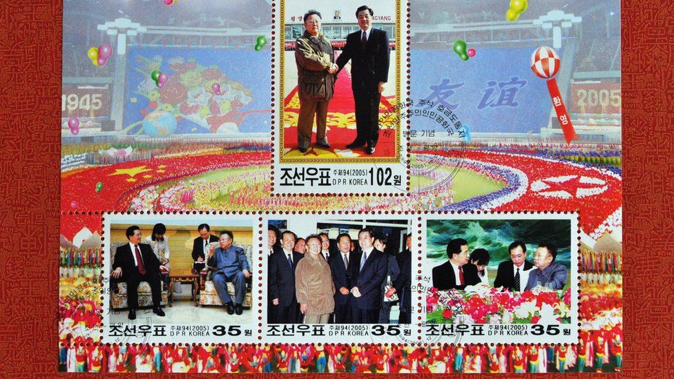One of the Stamps on Display at the North Korea Pavilion at 2010 Shanghai World Expo in Shanghai China 07 May 2010 Showing the 2005 Pyongyang Meeting of North Korean Leader Kim Jong Il and Chinese President Hu Jintao