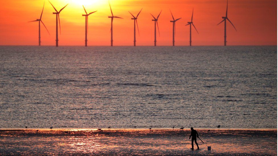 Several wind turbines are shown in the distance with a man on a beach in the near ground.