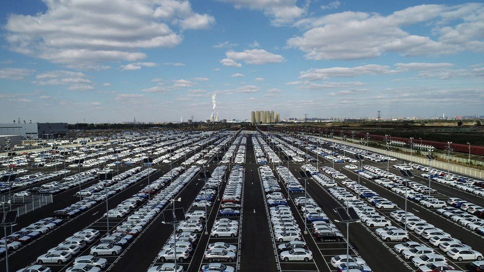 This photo taken on October 11, 2018 shows new BMW cars lined up at a BMW factory in Shenyang in China's northeastern Liaoning province.