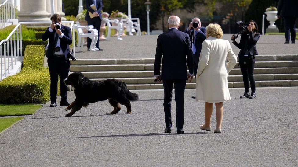 The President's dog runs in front of the president