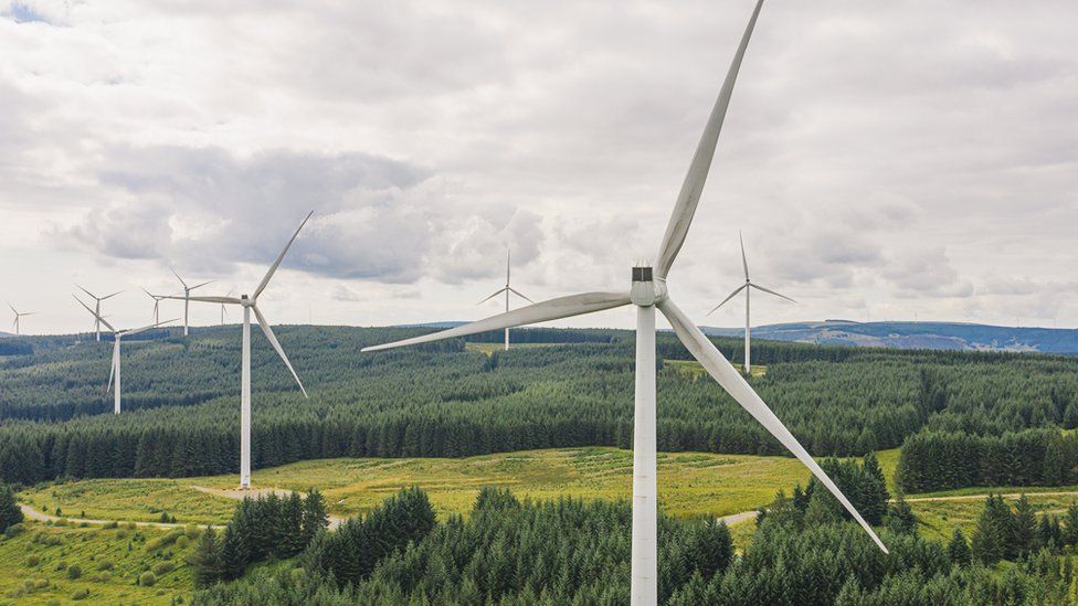 A windfarm in a rural landscape