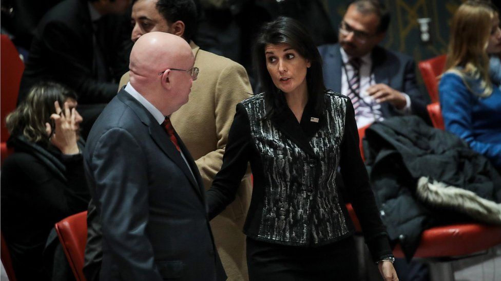 Russian ambassador United Nations Vasilly Nebenzia Talks with U.S. Ambassador to the United Nations Nikki Haley before the start of a U.N. Security Council meeting concerning the situation in Iran, January 5, 2018 in New York City.